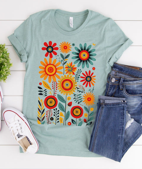 Spring Boho Doodle Flowers Graphic Tee